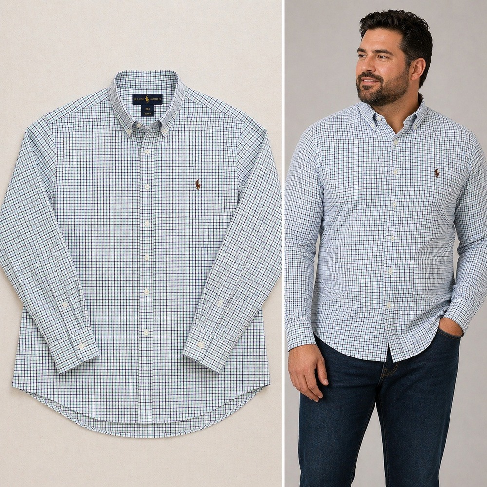 Polo Ralph Lauren Mens XXL Slim Fit Stretch Oxford Plaid Button Down Blue NWOT